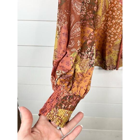 Aura Floral Paisley Patchwork Long Sleeve Peasant Blouse Size L Tie Back - Picture 6 of 12